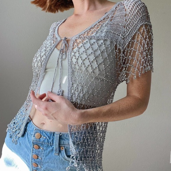 Vintage Style Gray Rhinestone Embellished Crochet Fishnet Front Tie Cardi - Picture 2 of 5